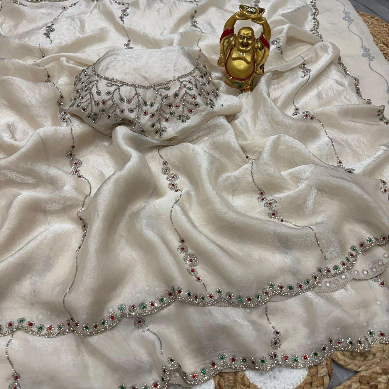 Space Silk Saree | Jarkan Stone Work, Designer Party Wear, Festive Wedding Ensemble