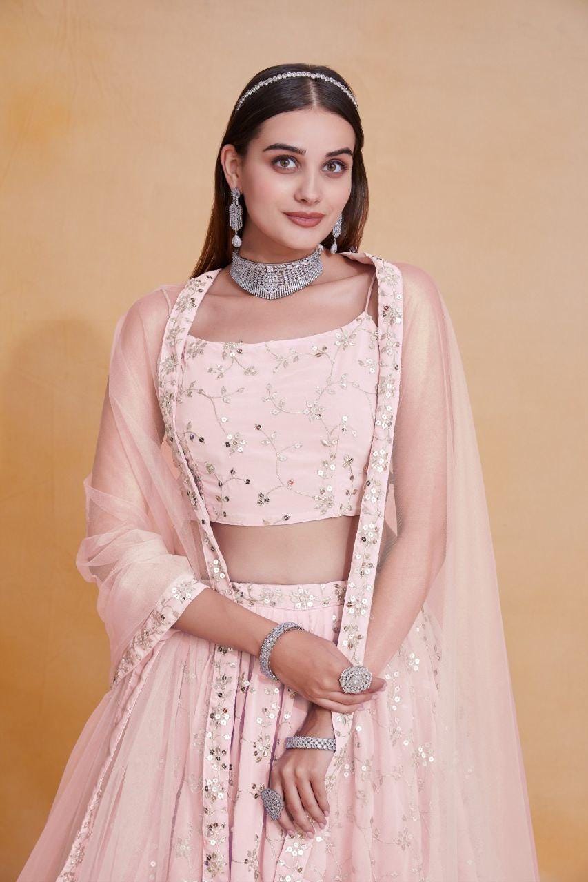 Georgette Lehenga Choli | Heavy Zari Sequin Embroidery, 3.2 Meter Flare, Indian Wedding Wear