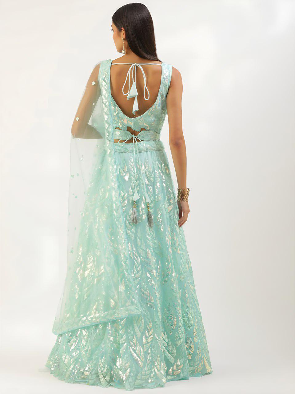 Light Blue Soft Net Lehenga Choli Set, Sequins Embroidery, Bridal Party Wear (Semi-Stitched)