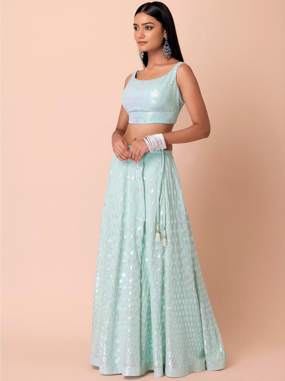 Icy Aqua Heavy Georgette Lehenga Choli | Sequin Embroidered Ruffle Dupatta, Wedding Wear