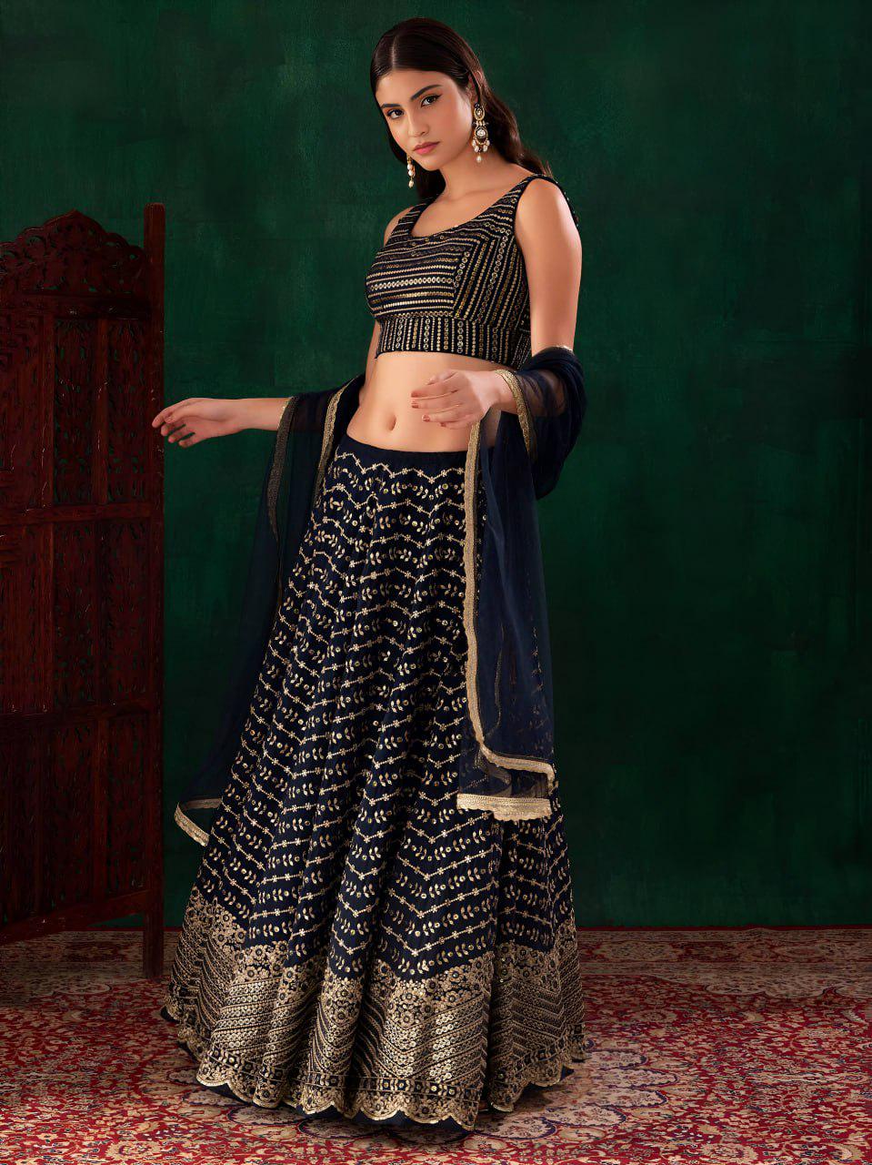 Midnight Blue Georgette Lehenga Choli Set | Zari Sequins Embroidered Wedding Outfit Net Dupatta