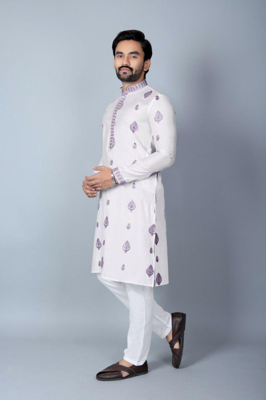 Men's Chanderi Silk Kurta Pajama Set, Traditional Indian Festive Wear, Wedding Party Outfit
