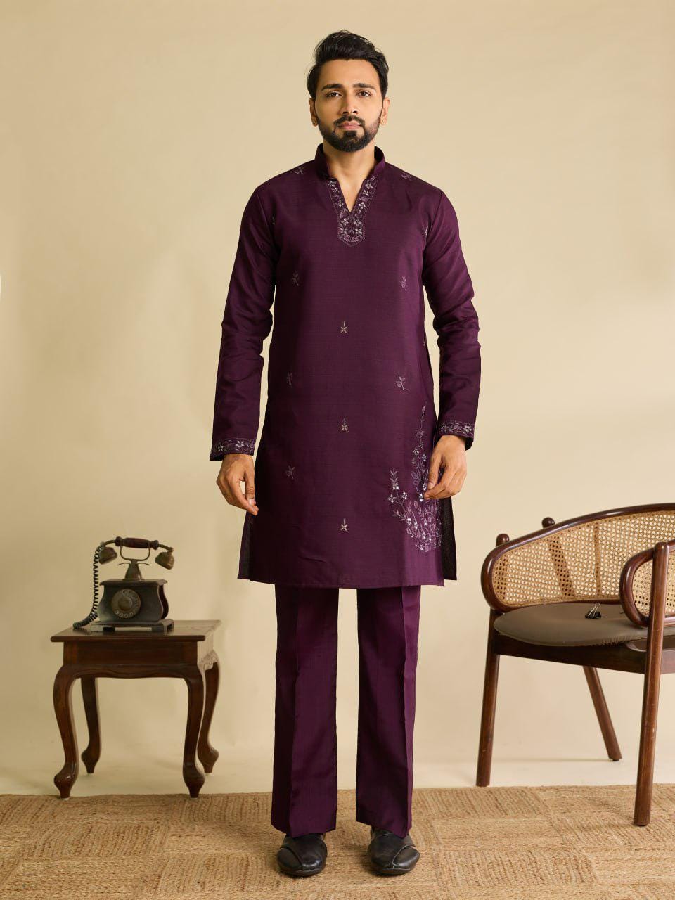 Art Silk Kurta Koti Pant Set | Mirror Work Embroidery Festive Wear