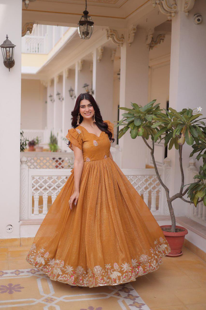 Silver Embroidered Gown, Frill Sleeve Ethnic Party Dress, Flared Anarkali Gown