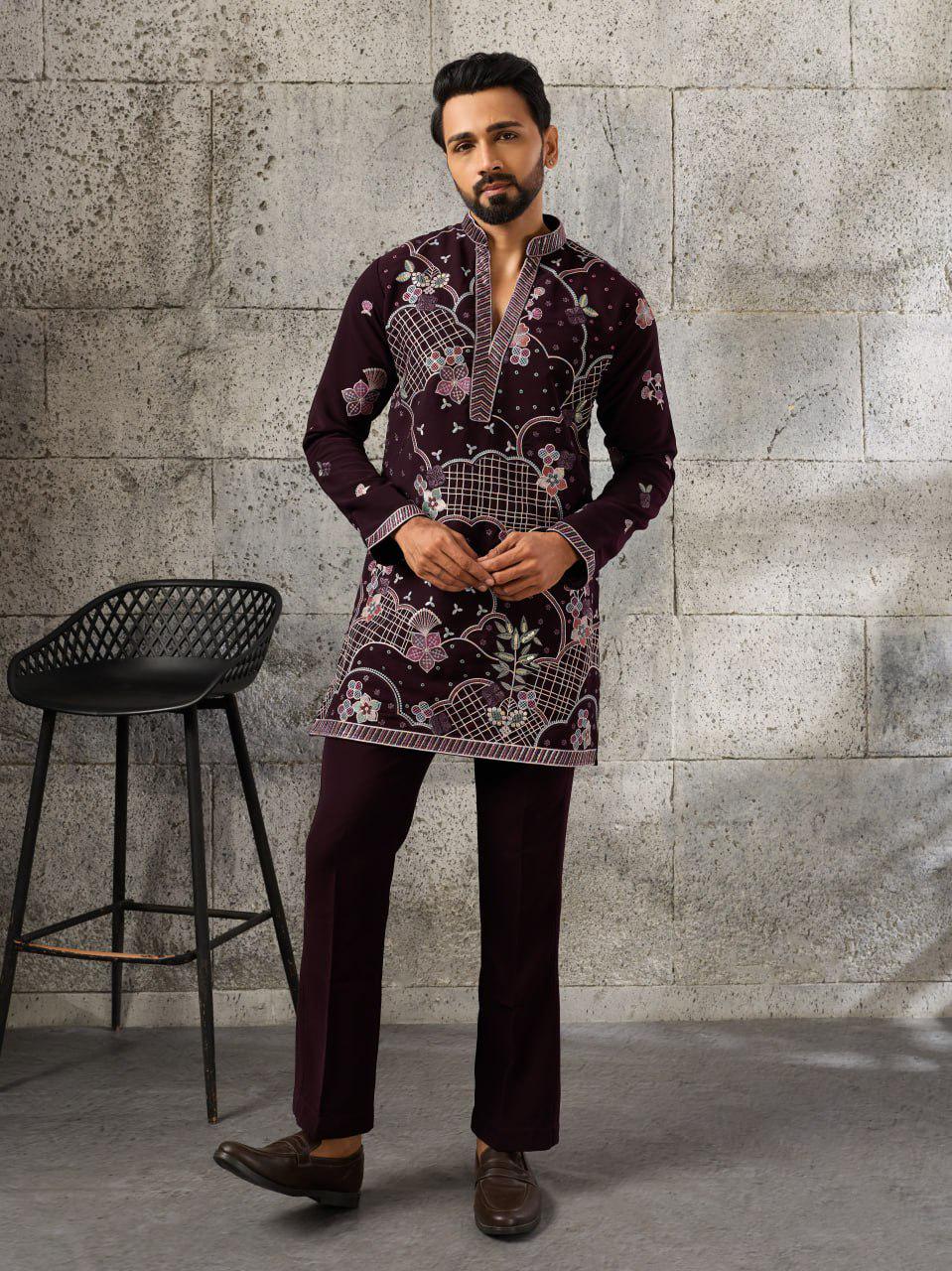 Men's Japanese Fabric Kurta Pant Set | Designer Festive Wear with Beads Work