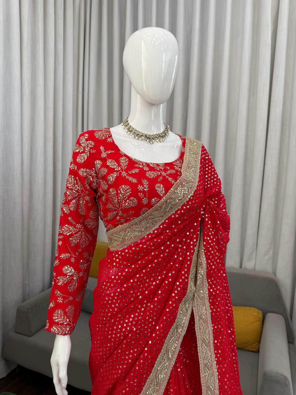 Red Faux Georgette Saree, Sequins Embroidery, Designer Party Wear, Wedding (Unstitched Blouse)