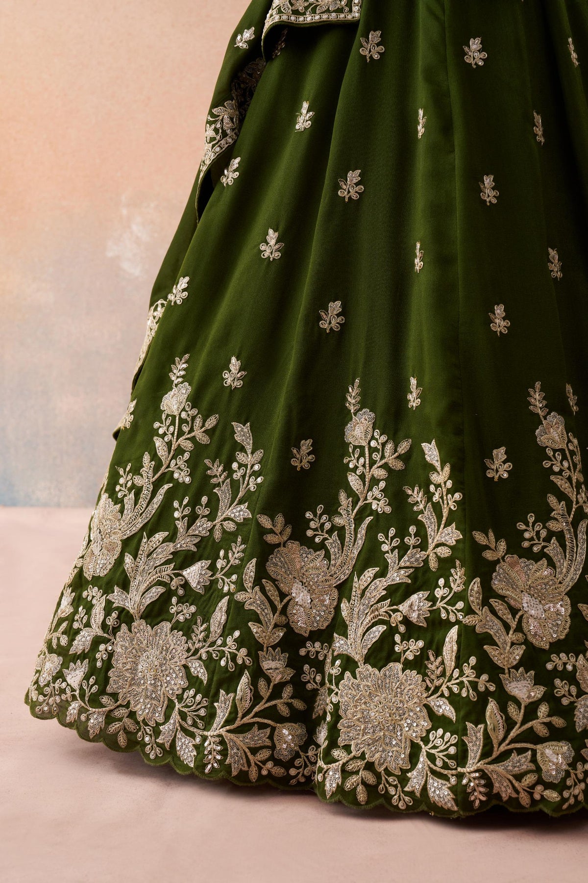 Olive Tissue Lehenga Choli Set, Sequins Zari Embroidery, Bridal Party Wear