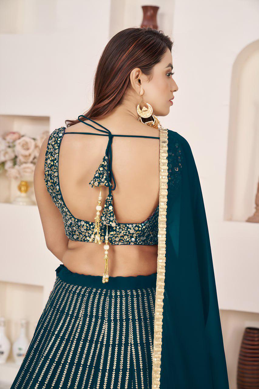 Bottle Green Georgette Lehenga Choli Set | Zari Sequins Embroidery, Festive Wear