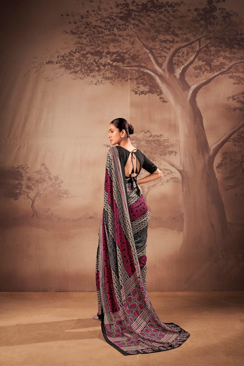 Printed Poly Mal Cotton Saree | Lightweight Everyday Indian Saree with Unstitched Blouse