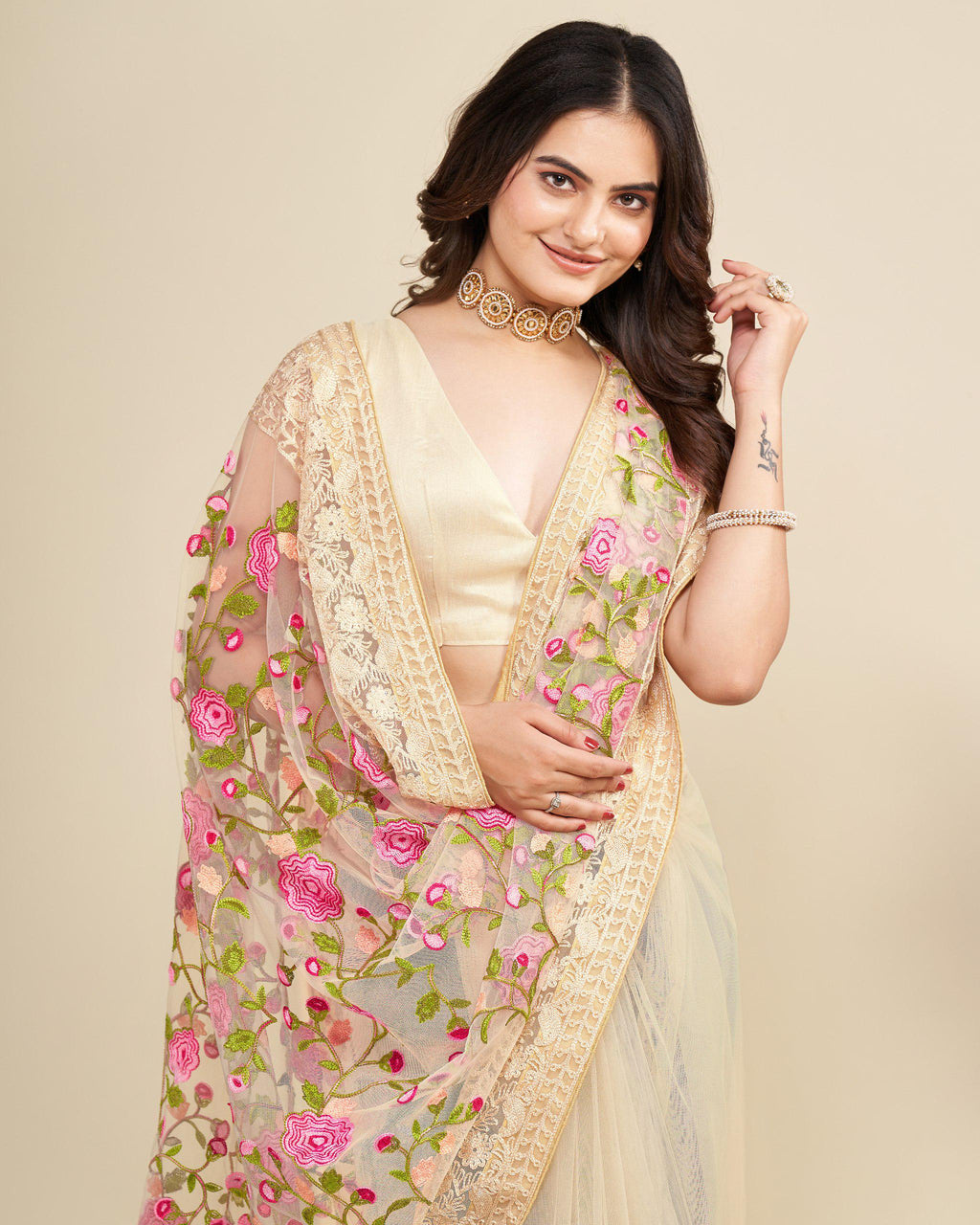 Soft Net Saree with Chikankari Embroidery, Wedding Festive Party Wear (Unstitched Blouse)
