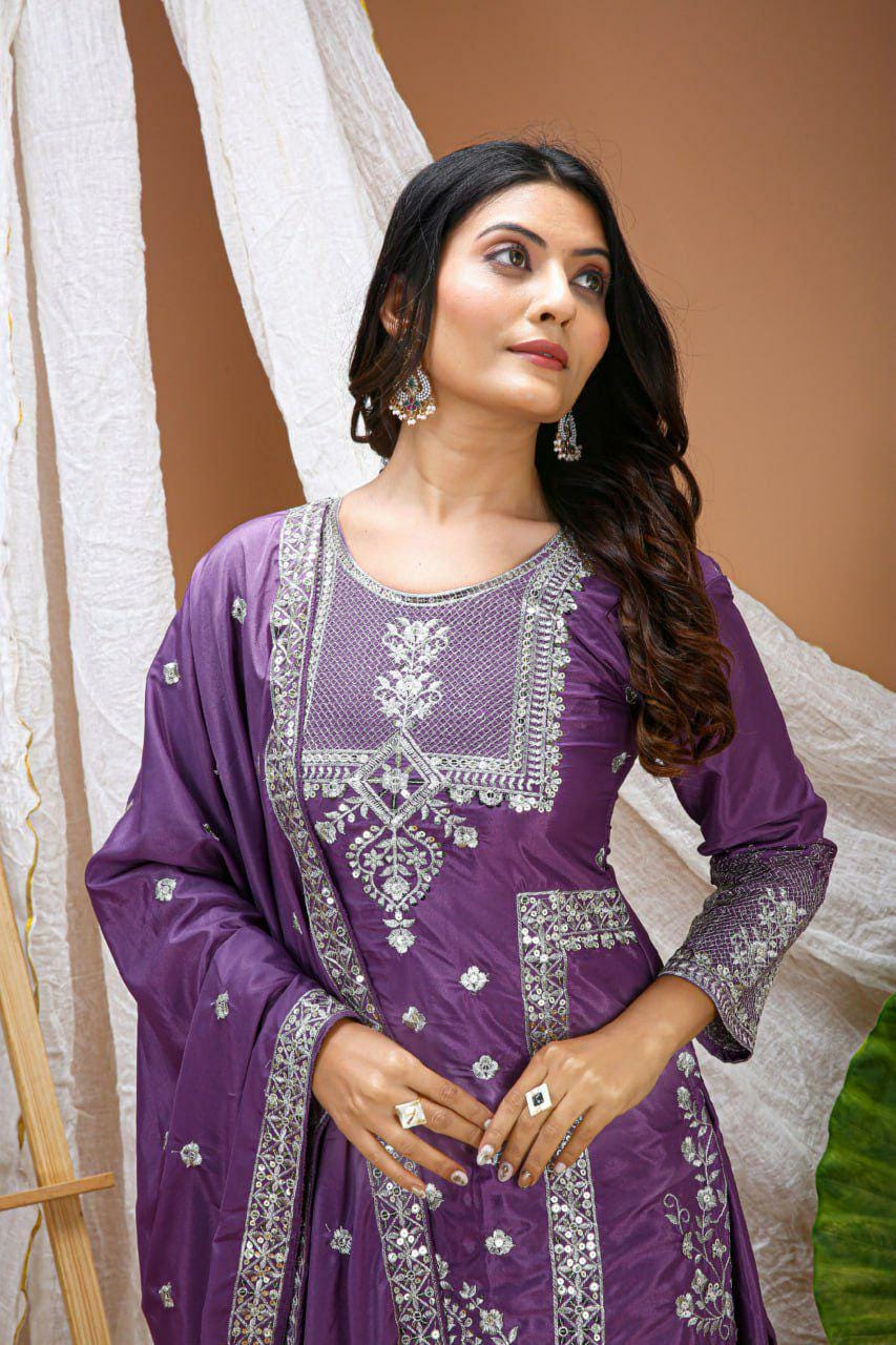 Crepe Sharara Suit Set, Sequin Embroidery, Festive Ethnic Outfit Women