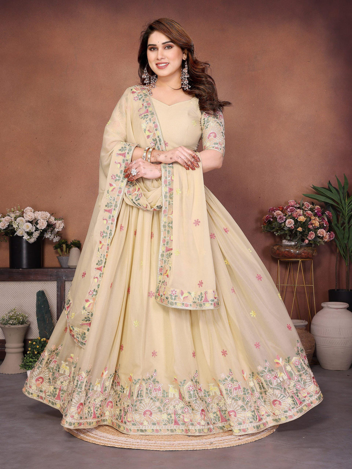 Embroidered Star Georgette Lehenga Choli Set | Ready-to-Wear Bridal Indian Wedding Wear Dupatta Cutwork Border