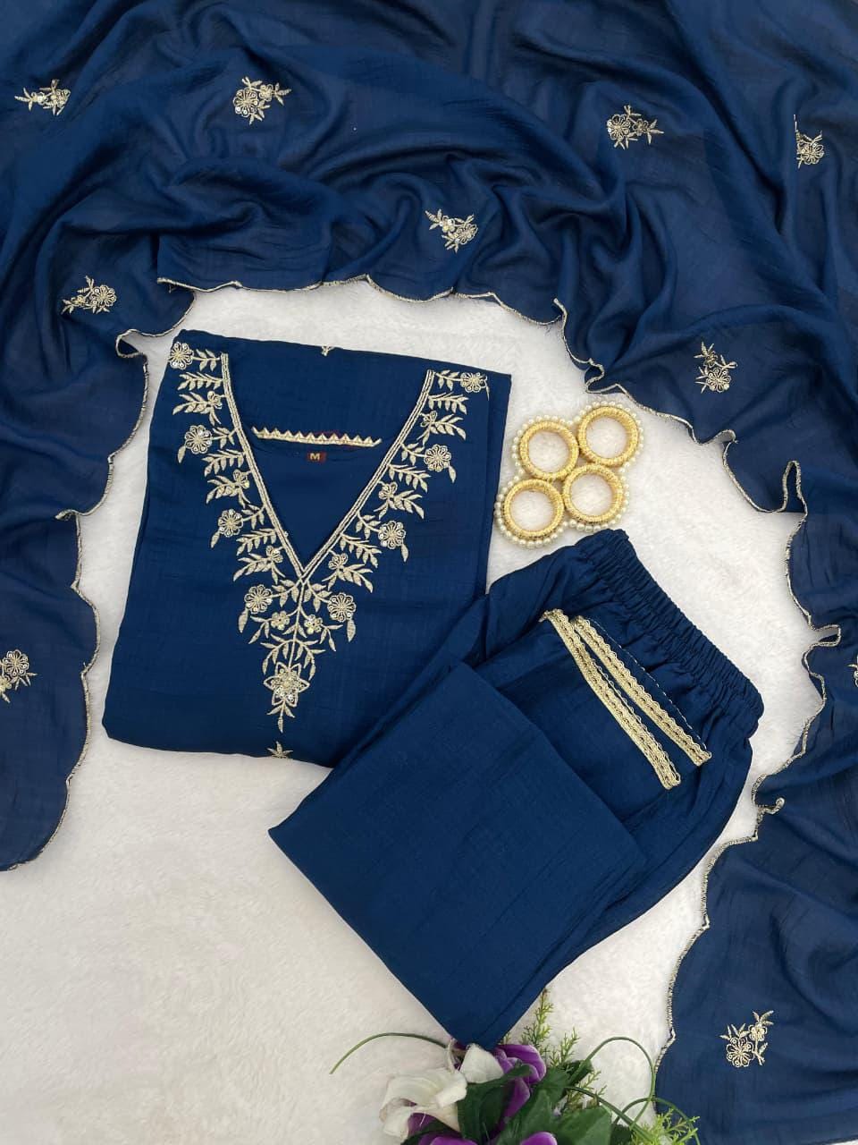 Vichitra Silk Embroidered Kurti Pant Set with Dupatta, Festive Ethnic Wear (M-3XL)