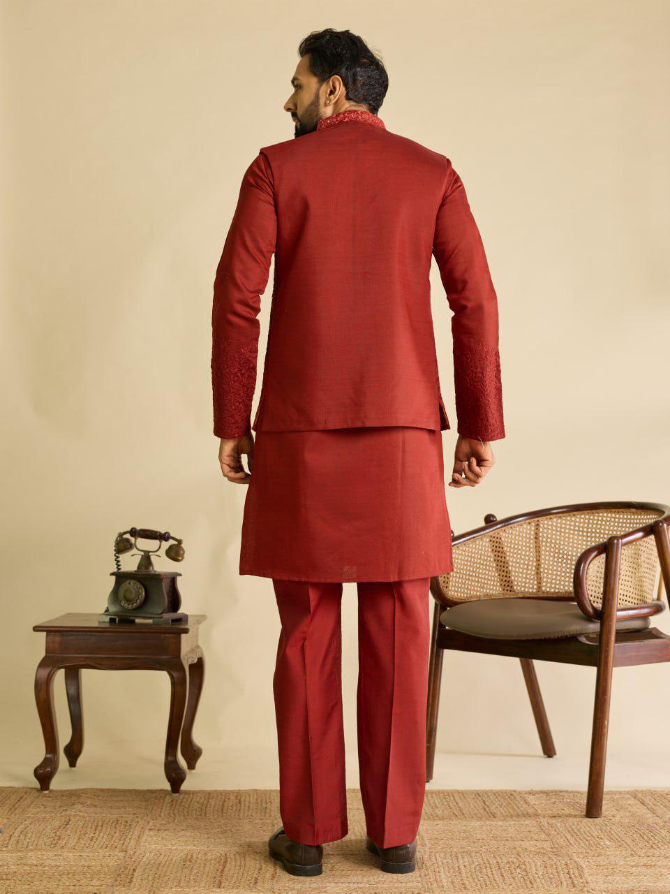 Art Silk Kurta Koti Set | Real Mirror Multi Thread Embroidery Wedding Outfit