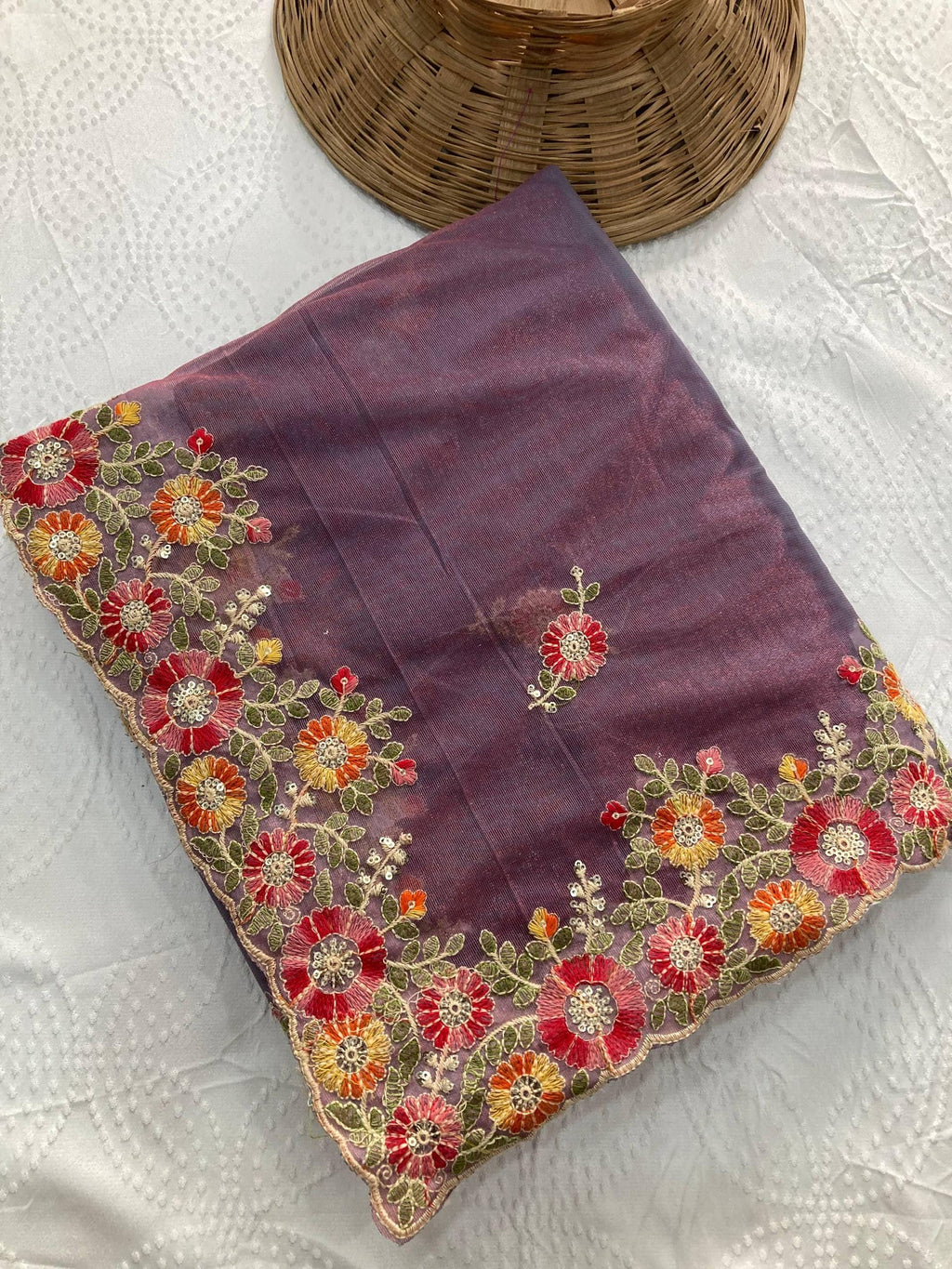 Twill Net Saree Multi Embroidery Cutwork Border | Designer Wedding Saree | Banglory Silk Blouse Piece