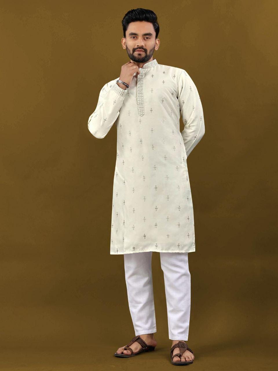 Men's Matka Silk Kurta Pajama Set | Silver Zari Embroidered Buti, Festive Wear