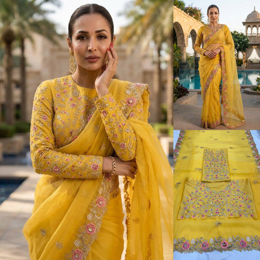 Yellow Chiffon Silk Saree, Heavy Embroidery, Cutwork Border, Festive Wedding Wear