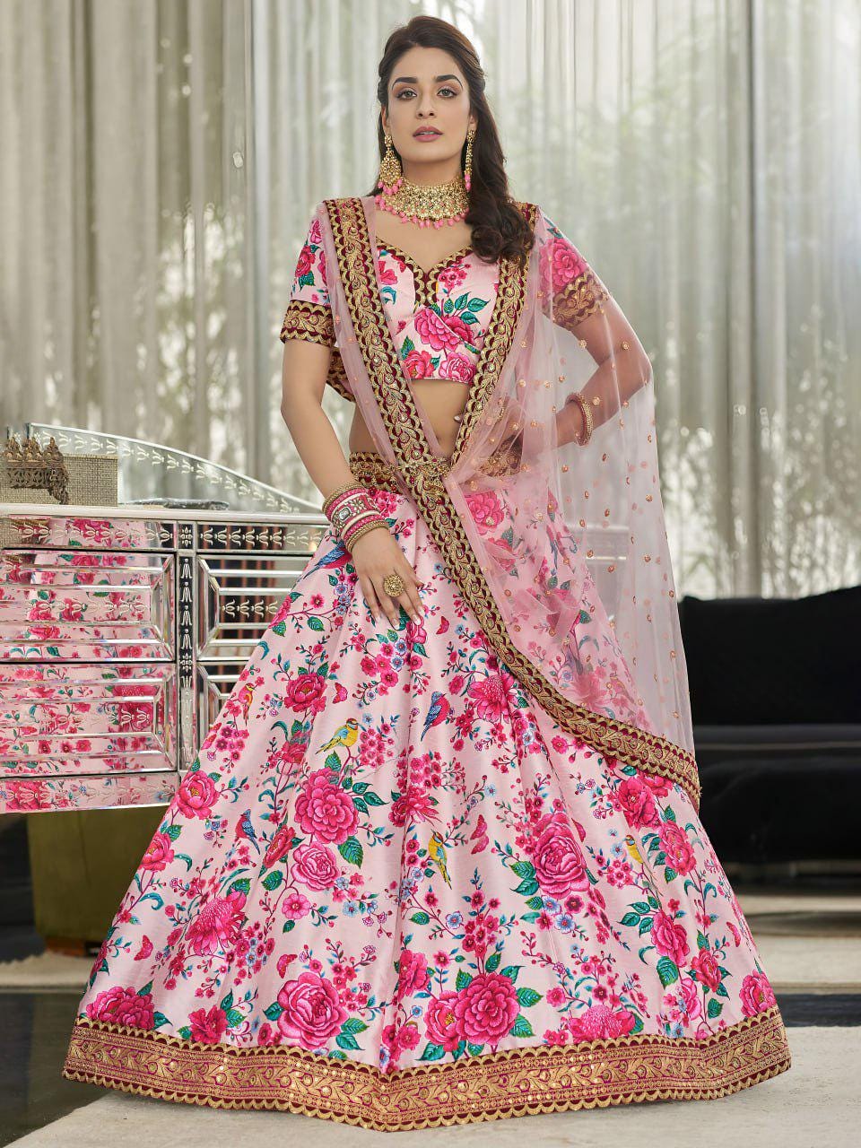 Blush Pink Floral Art Silk Lehenga Choli Set, Dori Zari Sequins Embroidery Net Dupatta