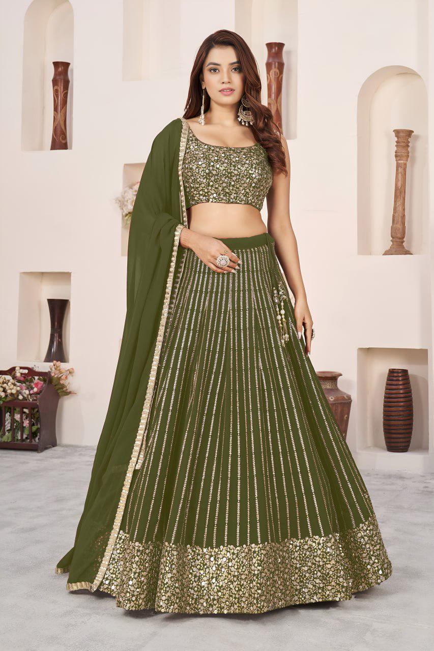 Olive Green Georgette Lehenga Choli Set | Zari Sequins Embroidery, Semi-Stitched A-Line