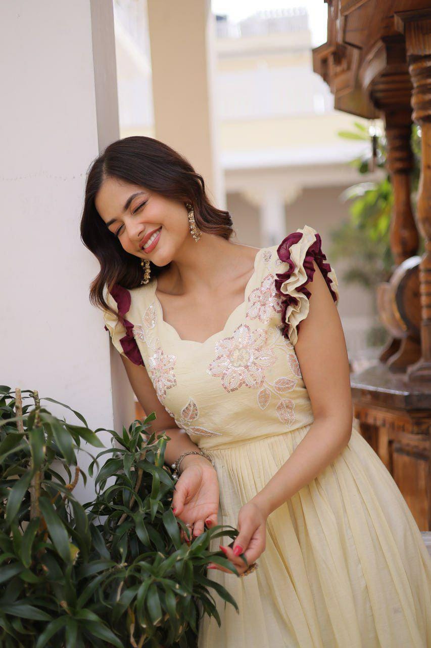 Cotton Anarkali Gown, Sequins Beads Embroidery, Festive Party Dress