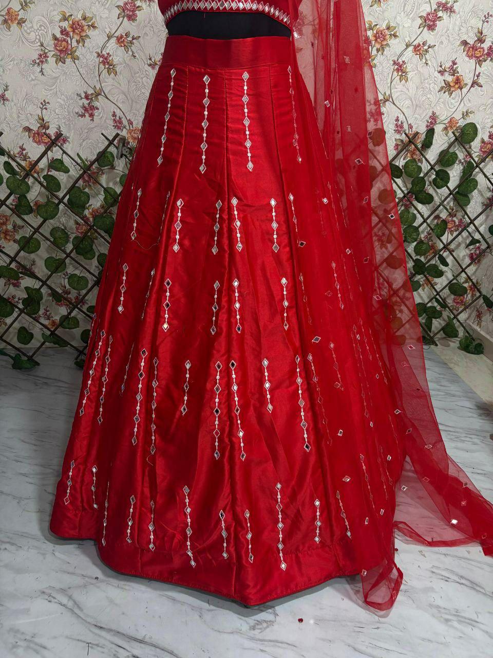 Malai Satin Silk Lehenga Choli, Mirror Work Bridal Wedding Party Wear Set