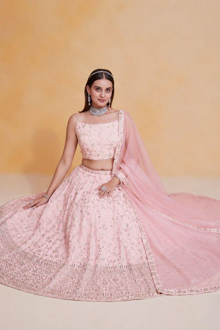 Georgette Lehenga Choli | Heavy Zari Sequin Embroidery, 3.2 Meter Flare, Indian Wedding Wear