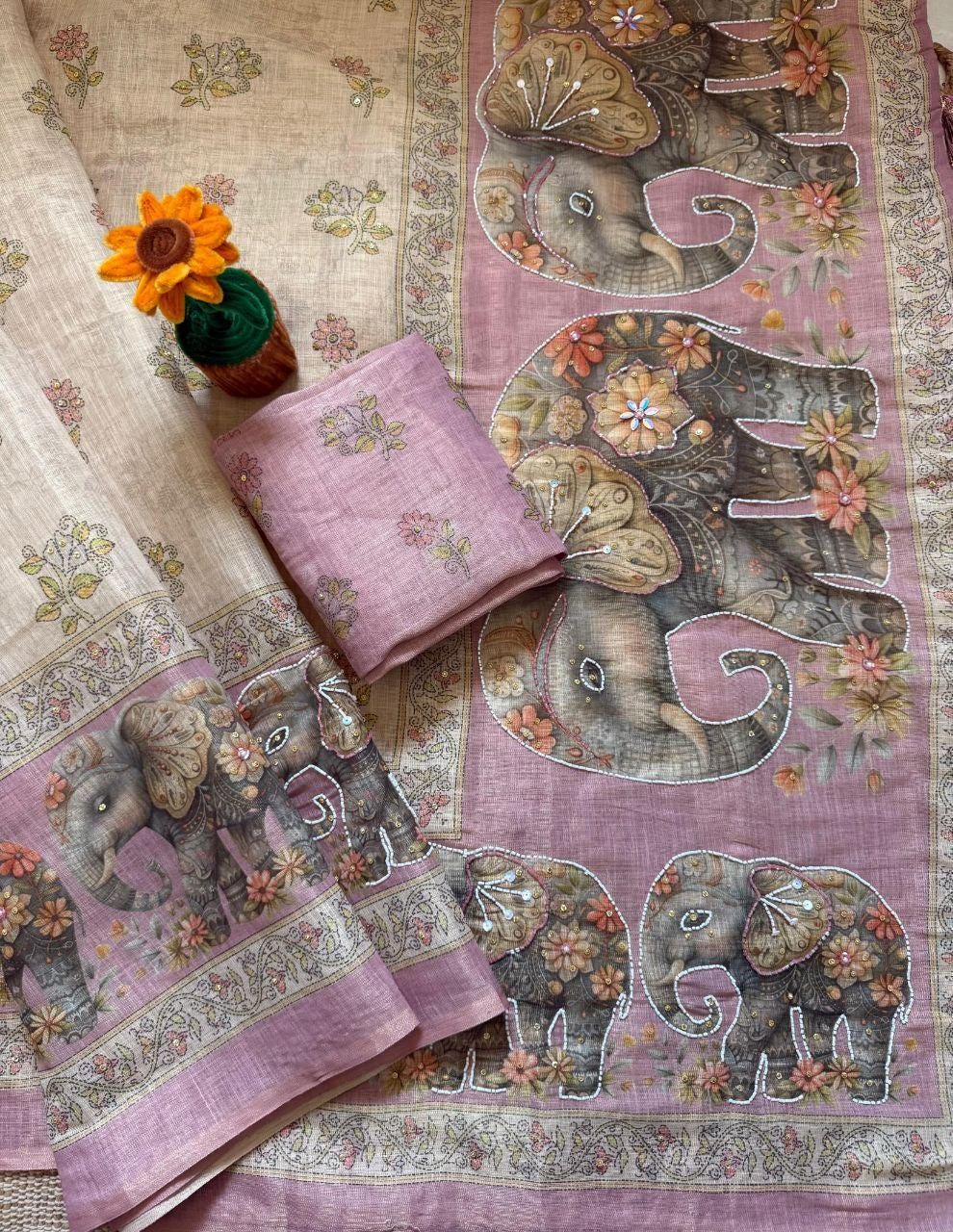 Linen Cotton Silk Saree | Digital Print, Khatli Kut Dana Handwork, Stone Embellished Designer Wear