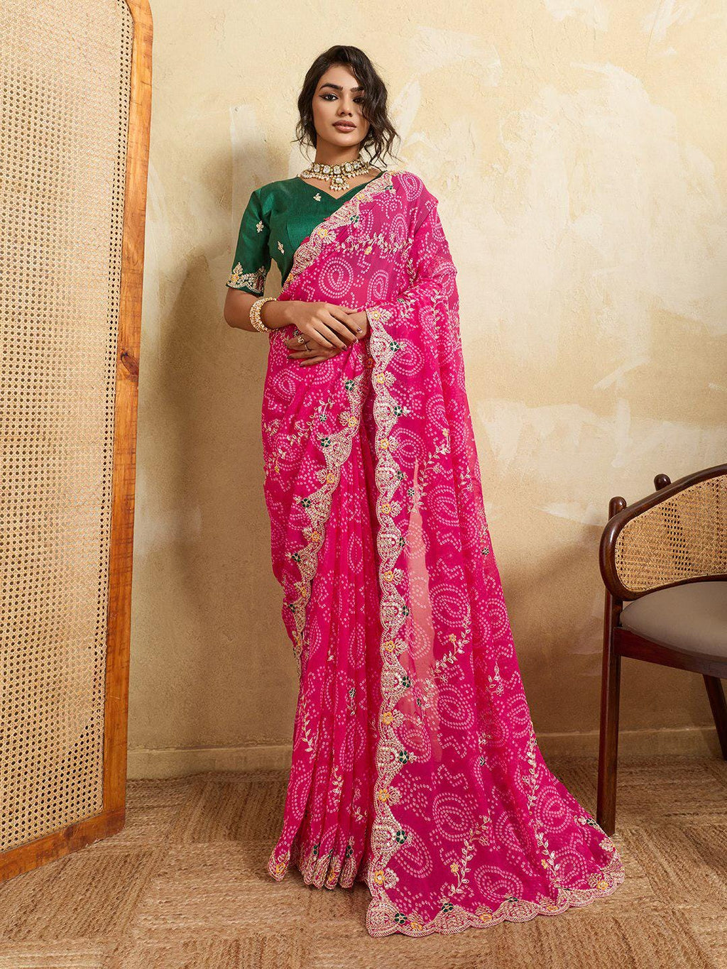 Georgette Bandhej Print Saree | Embroidered Cutwork Border, Silk Blouse Piece