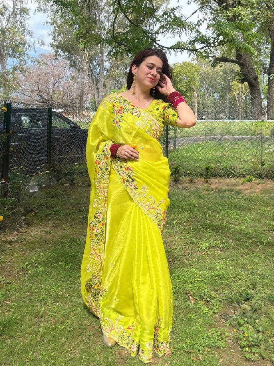Zimmy Chu Silk Saree, Embroidery Sequins Work, Cutwork Border, Festive Wear