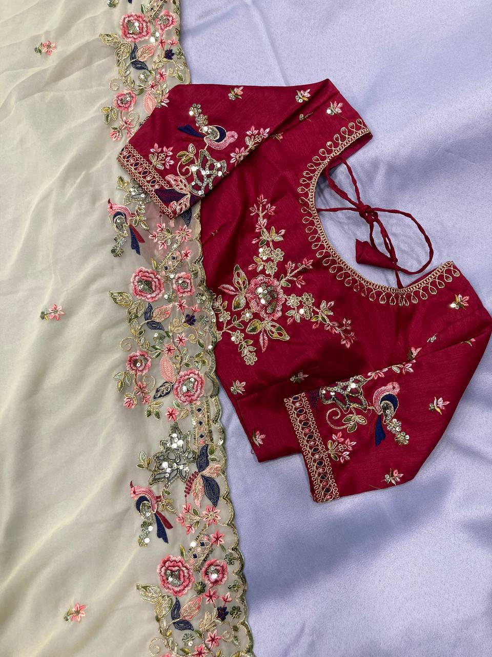 Embroidered Georgette Saree, Cutwork Border, Heavy Blouse, C-Pallu Wedding Wear