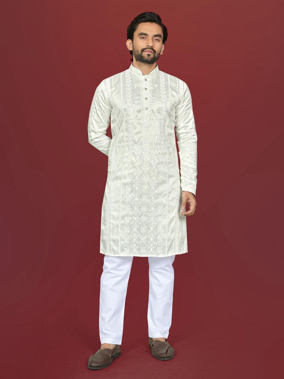 Men's Silk Kurta Pajama Set | Embroidered Silver Sequin Work, Festive Wear
