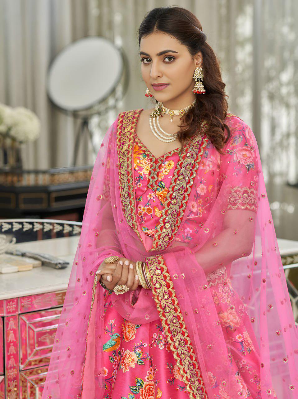 Pink Floral Art Silk Lehenga Choli, Dori Zari Sequins Embroidered Dupatta