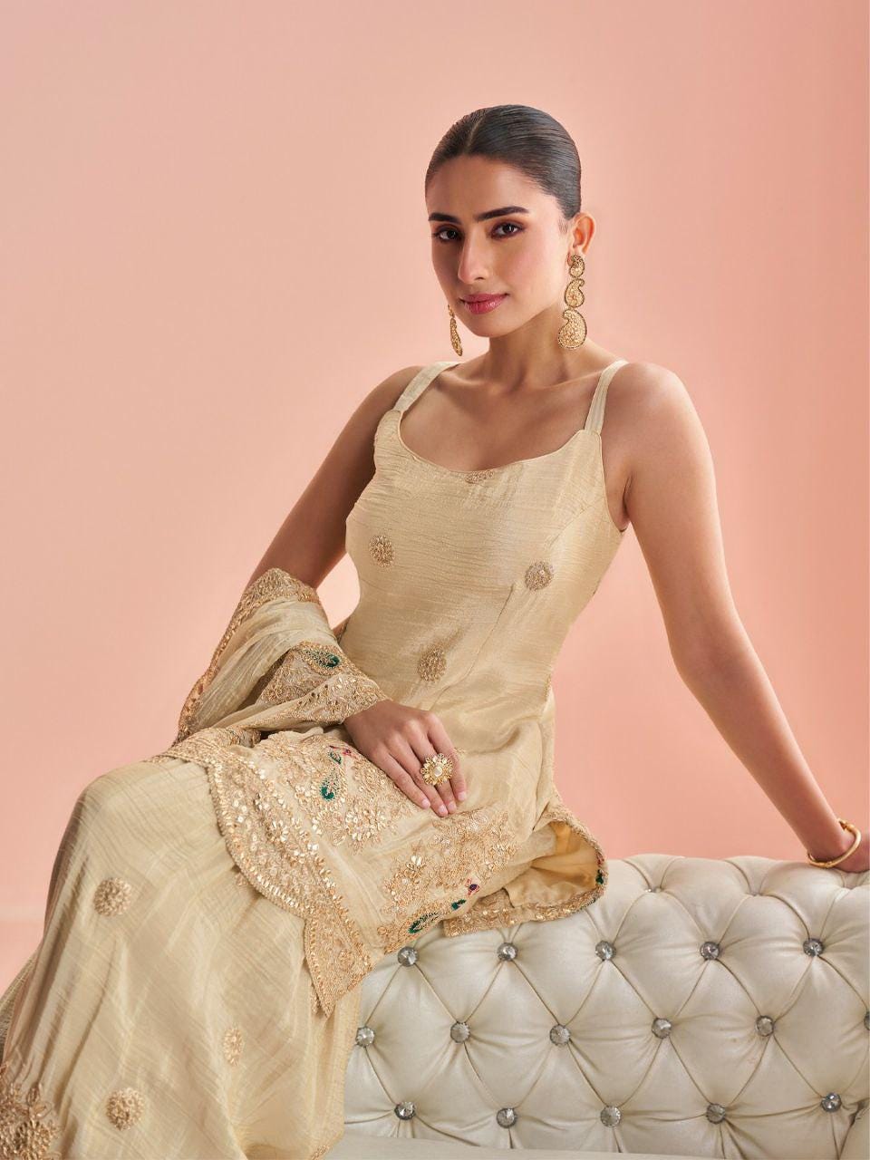 Cream Viscose Crop Top Palazzo Set with Pink Cape, Beads Embroidery Festive Co-Ord