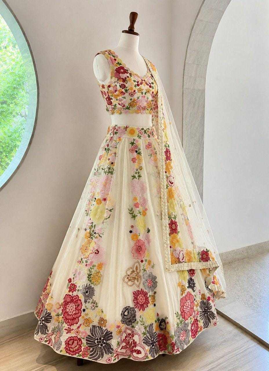 Chinon Lehenga Choli Set | Sequins Thread Embroidery, Wedding Wear Net Dupatta