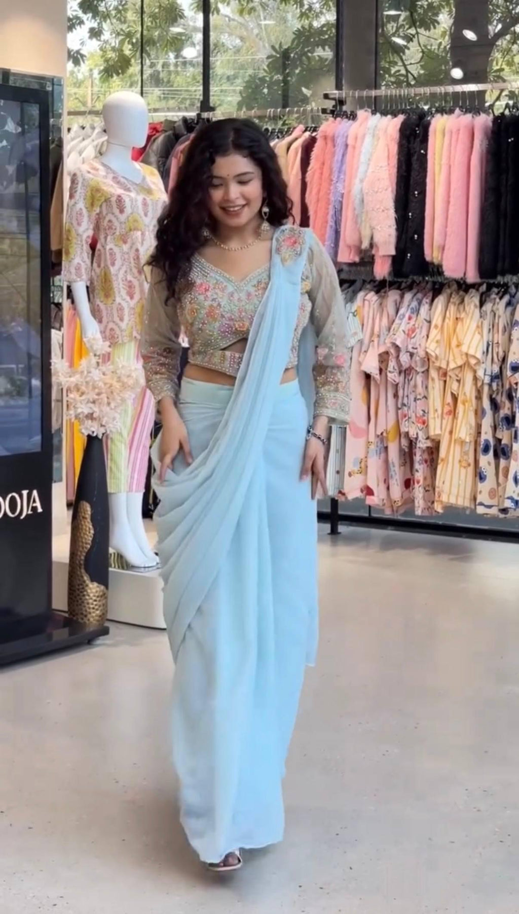 Ready to Wear Faux Georgette Saree with Embroidered Blouse, Hand Work Ethnic Outfit
