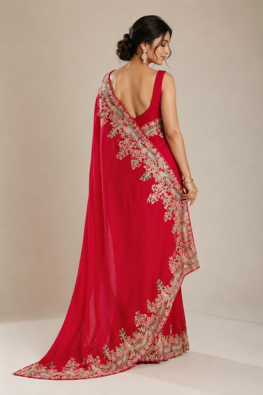 Pure Jimmy Choo Silk Saree, Coding Sequins Embroidery, Arc Cut Border, Wedding Party Wear