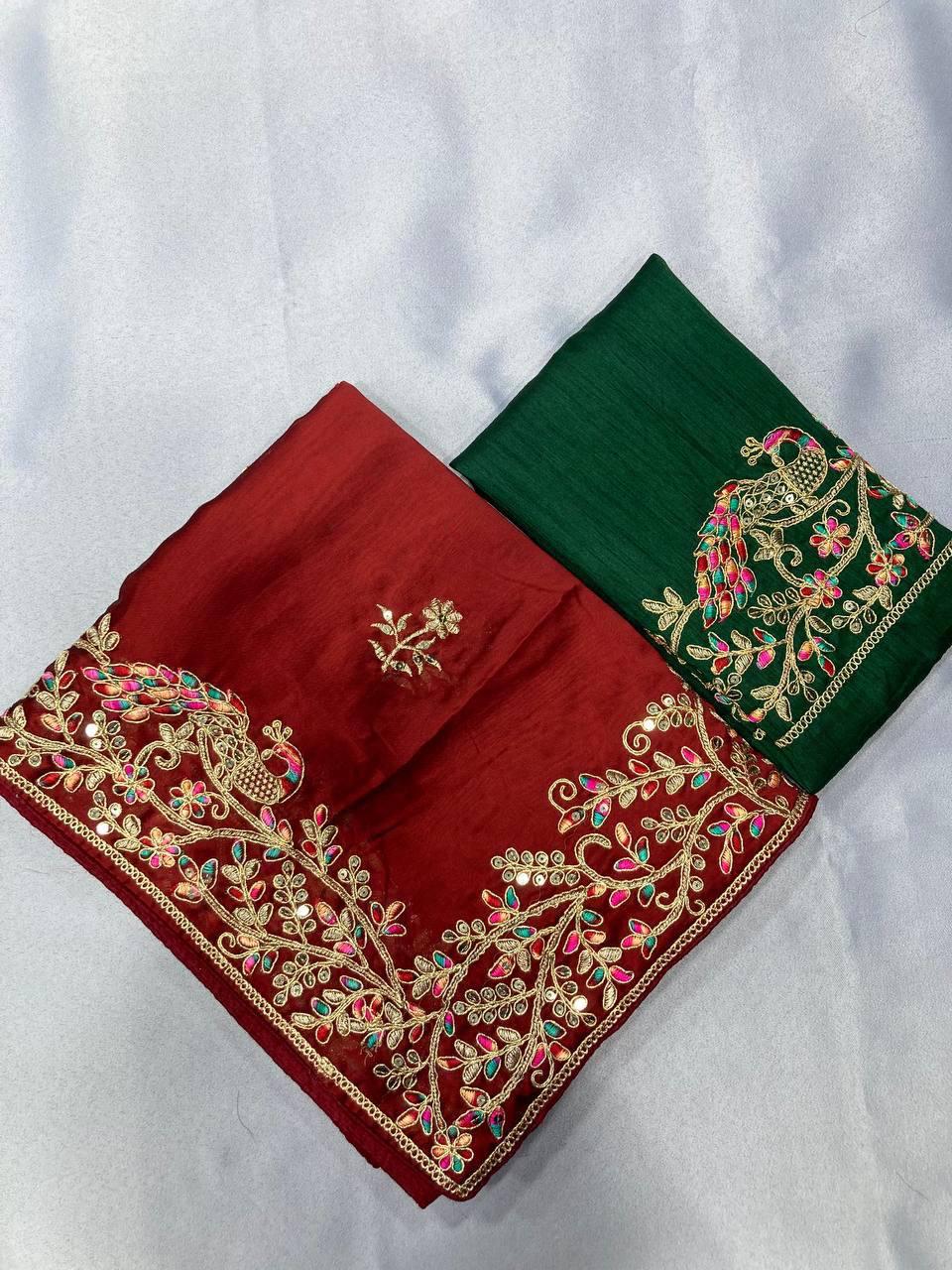 Soft Rangoli Silk Saree, Embroidered C-Pallu, Piping Border, Wedding Party Wear