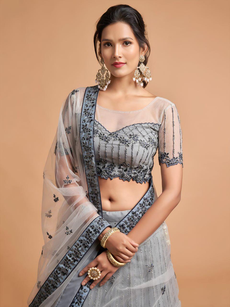 Grey Net Lehenga Choli | Zari Sequin Embroidery, A-Line Bridal Wear