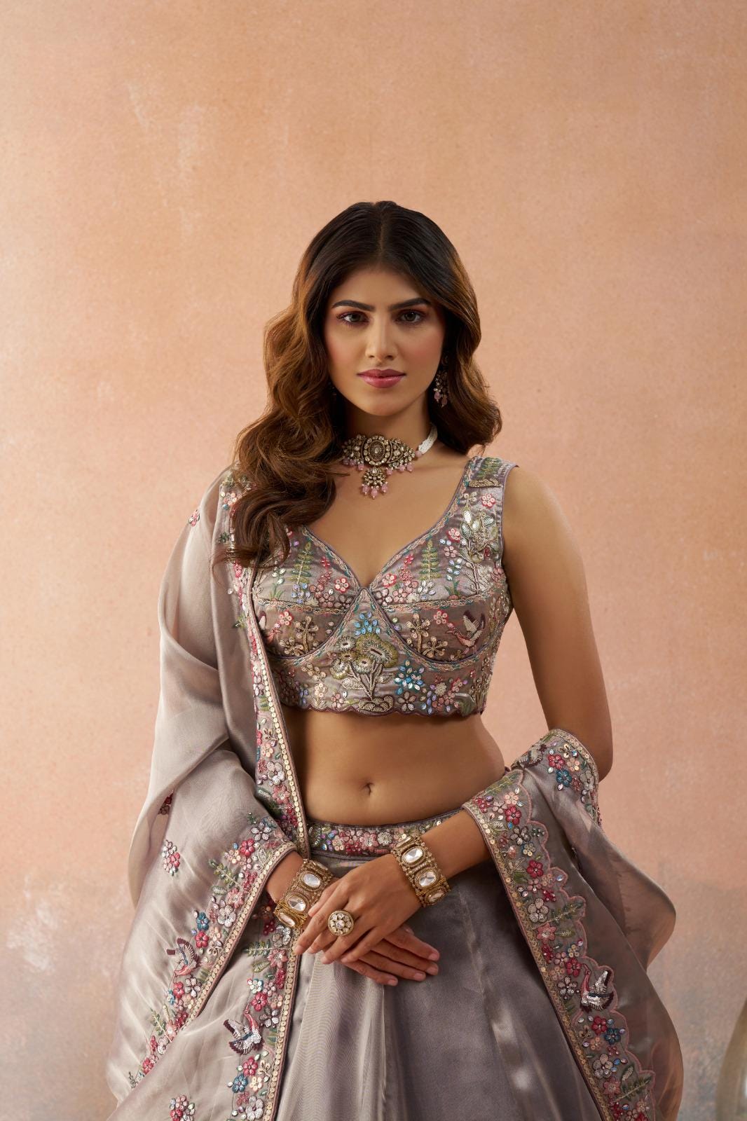 Beige Tissue Lehenga Choli, Heavy Sequins Zarkan Embroidery, Bridal Wedding Festive Set