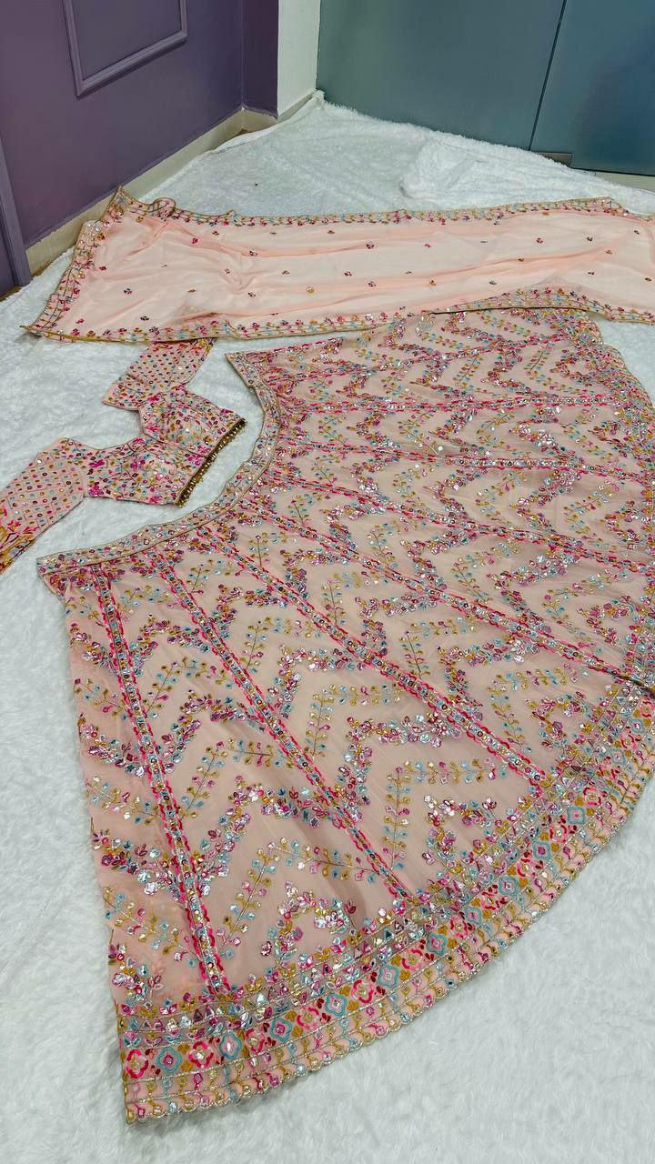 Faux Georgette Lehenga Choli, Paper Mirror Zari Thread, 3.25 Meter Flair, Indian Party Wear
