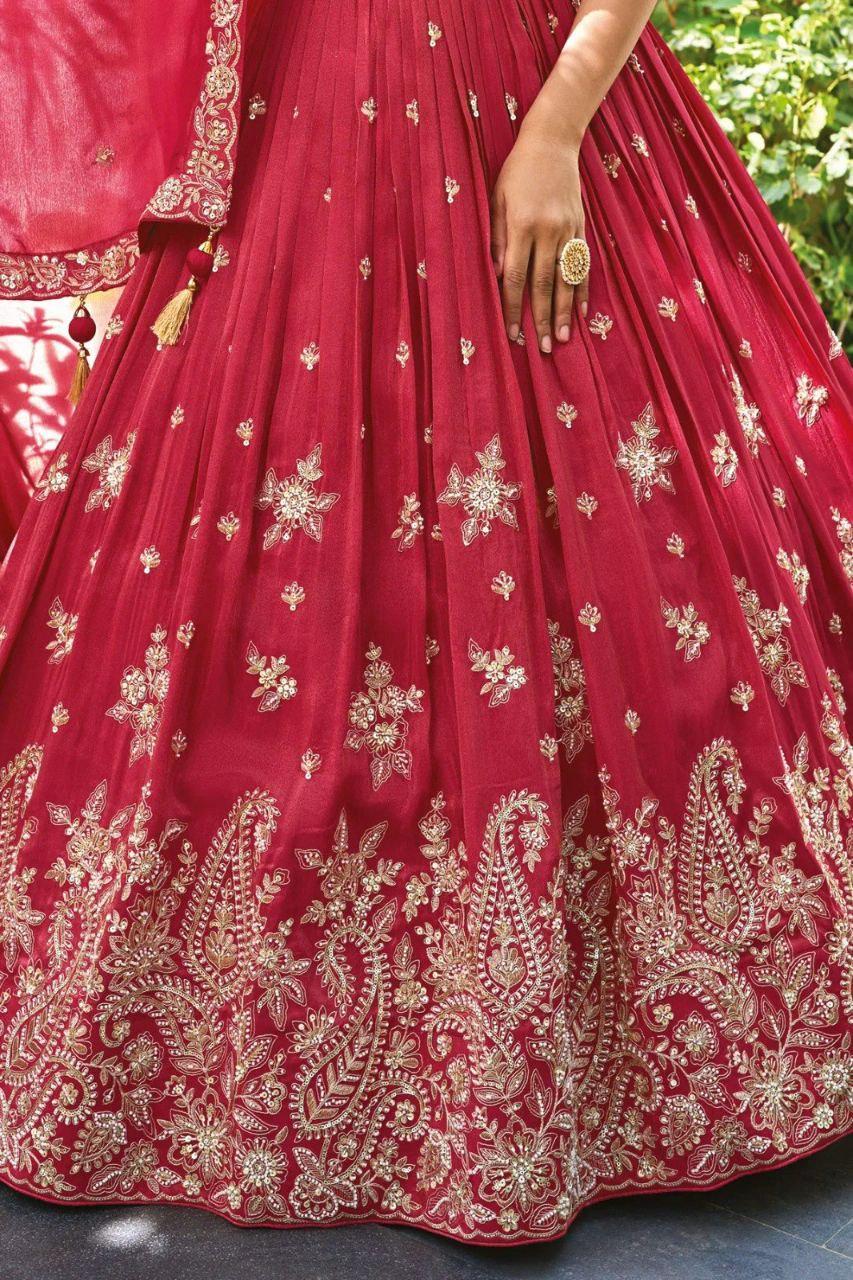 Chinon Lehenga Choli Set, Zari Dori Sequins Embroidery, Semi Stitched Bridal Wear