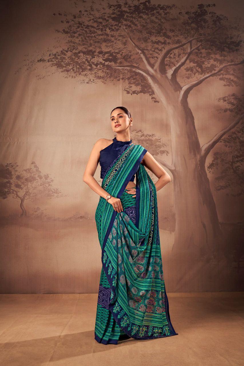 Printed Poly Mal Cotton Saree | Lightweight Everyday Indian Saree with Unstitched Blouse