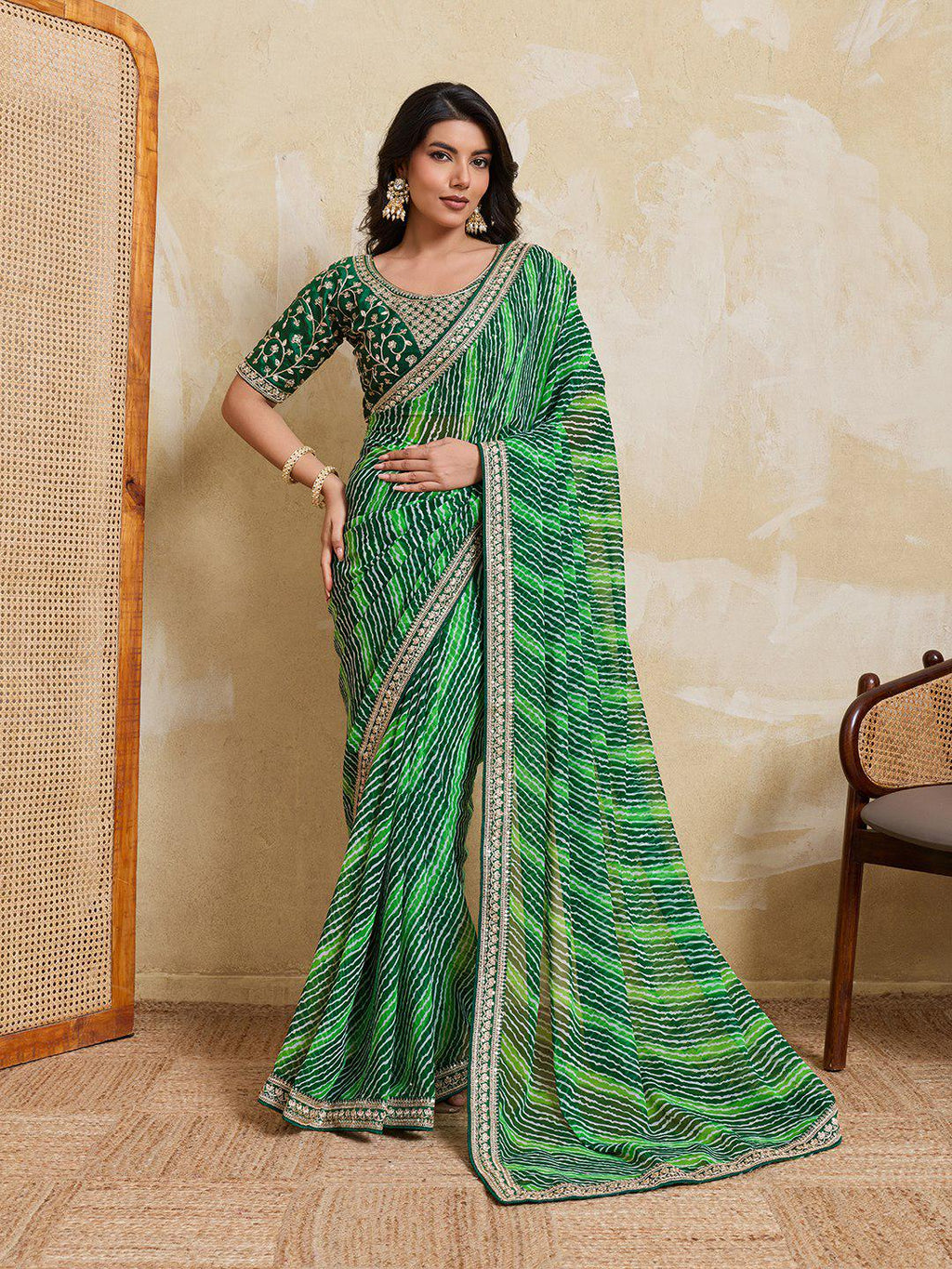 Georgette Bandhej Laheriya Saree with Embroidered Blouse, Festive Wedding Wear