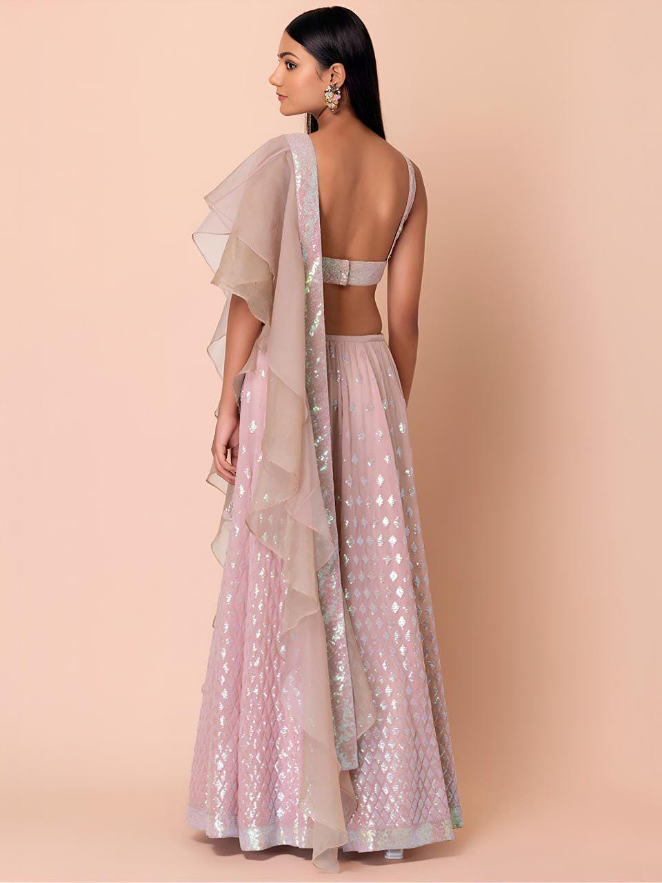 Blush Pink Sequin Embroidered Lehenga Choli Set | Organza Ruffle Dupatta, Wedding Wear