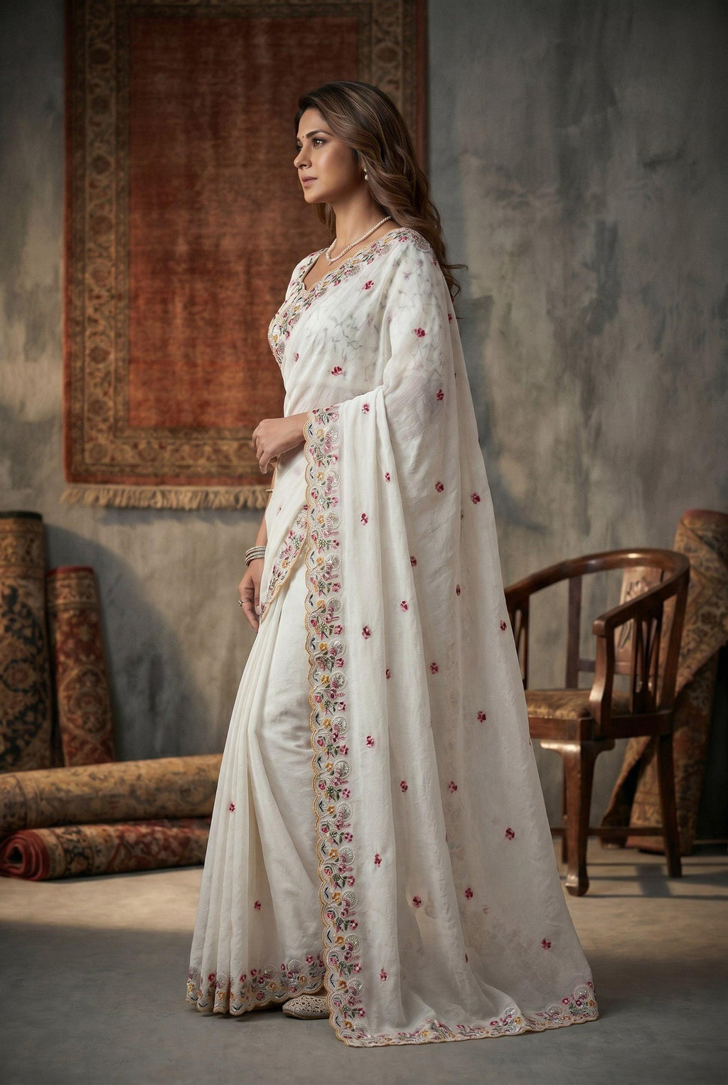 Crush Silk Embroidered Saree with Cutwork Border | Festive Wedding Wear, Mono Banglory Silk Blouse