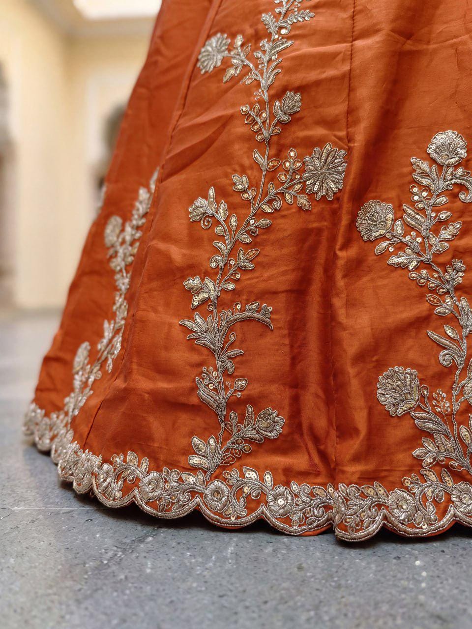 Rust Orange Rangoli Silk Lehenga Choli Set | Zari Dori Sequins Embroidery, Festive Outfit