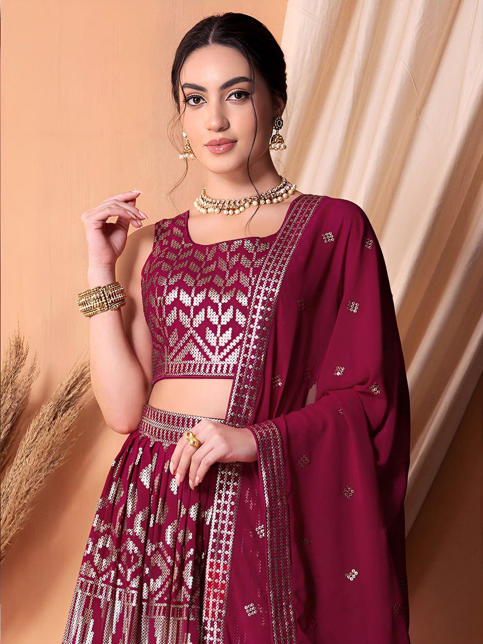 Ruby Pink Georgette Lehenga Choli Set | Sequin Embroidered Wedding Party Wear (Semi-Stitched)