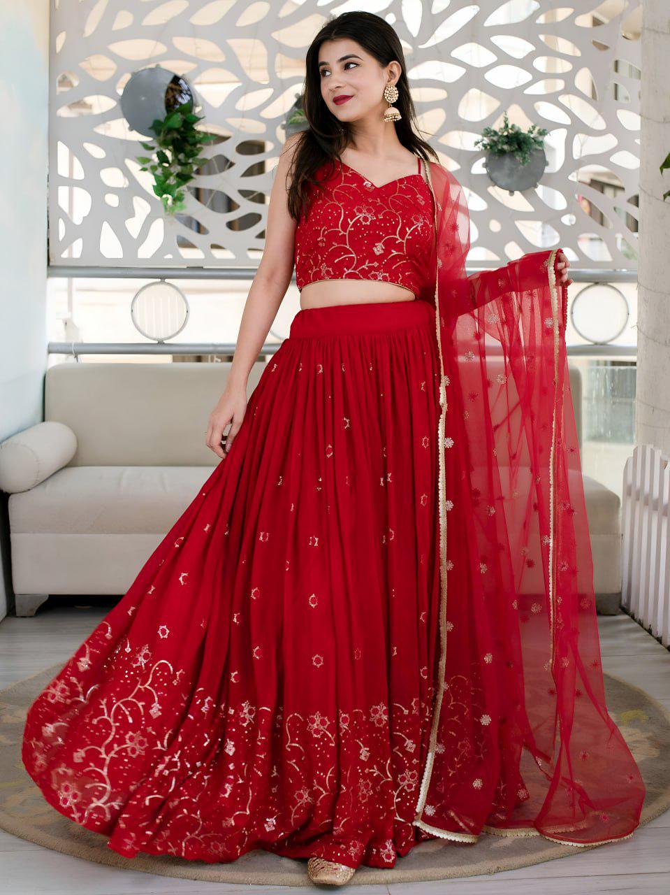 Red Organza Lehenga Choli, Velvet Blouse, Sequins Embroidery Wedding Outfit