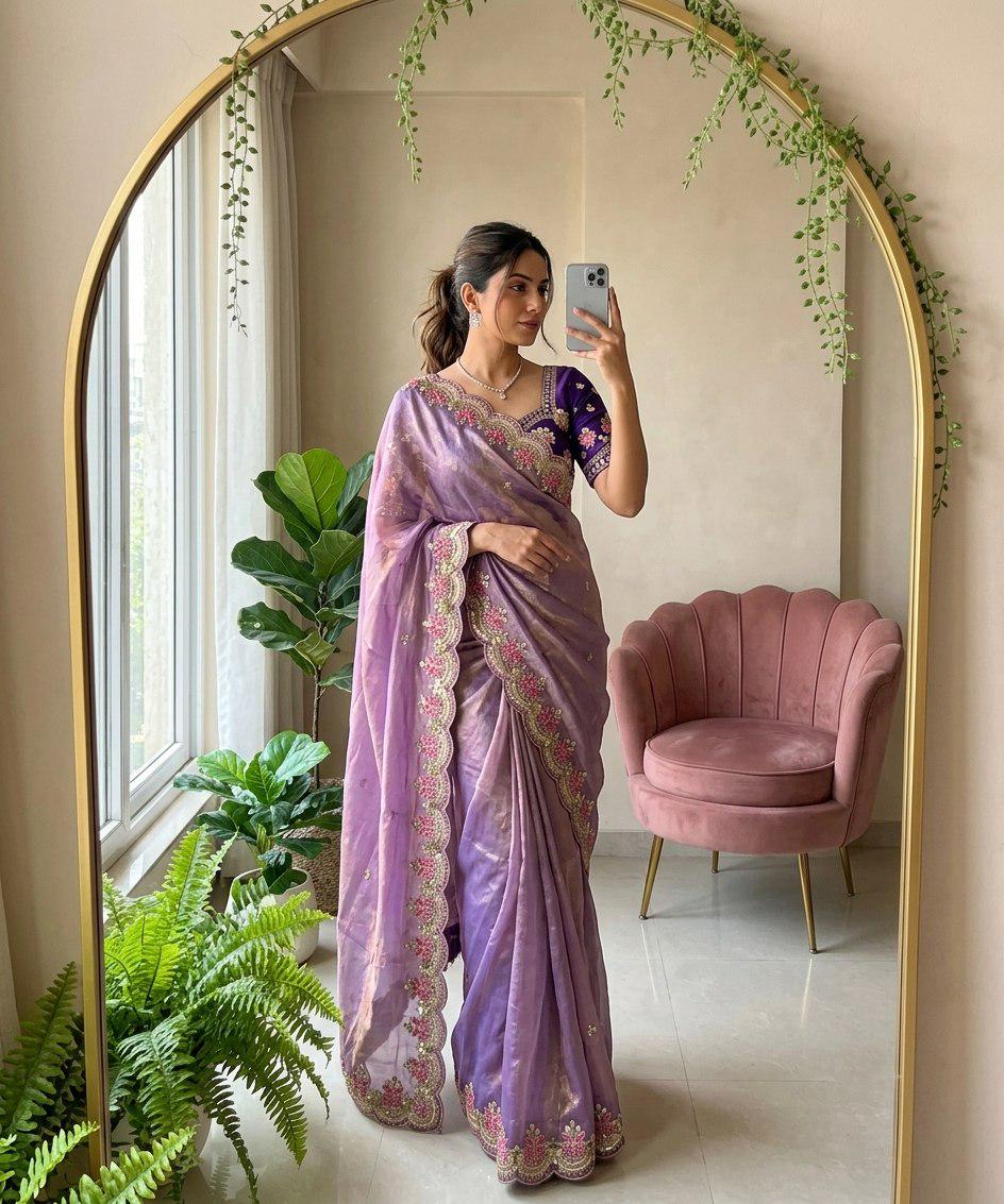 Fendy Satin Silk Saree | Embroidered Butti, Cutwork Border, Designer Wedding Wear