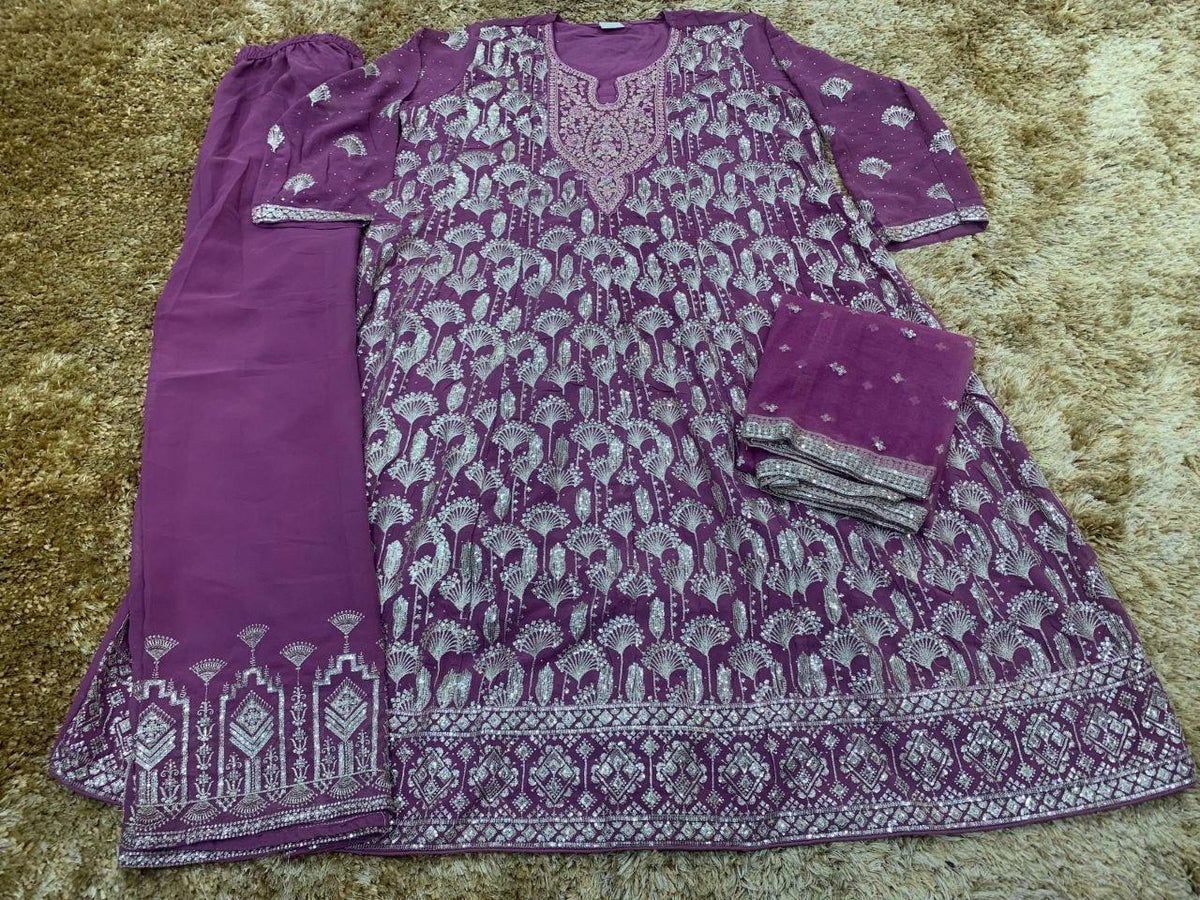 Georgette Palazzo Suit | Zari Thread Sequin Embroidery | Fully Stitched Party Wear Salwar Kameez Net Dupatta